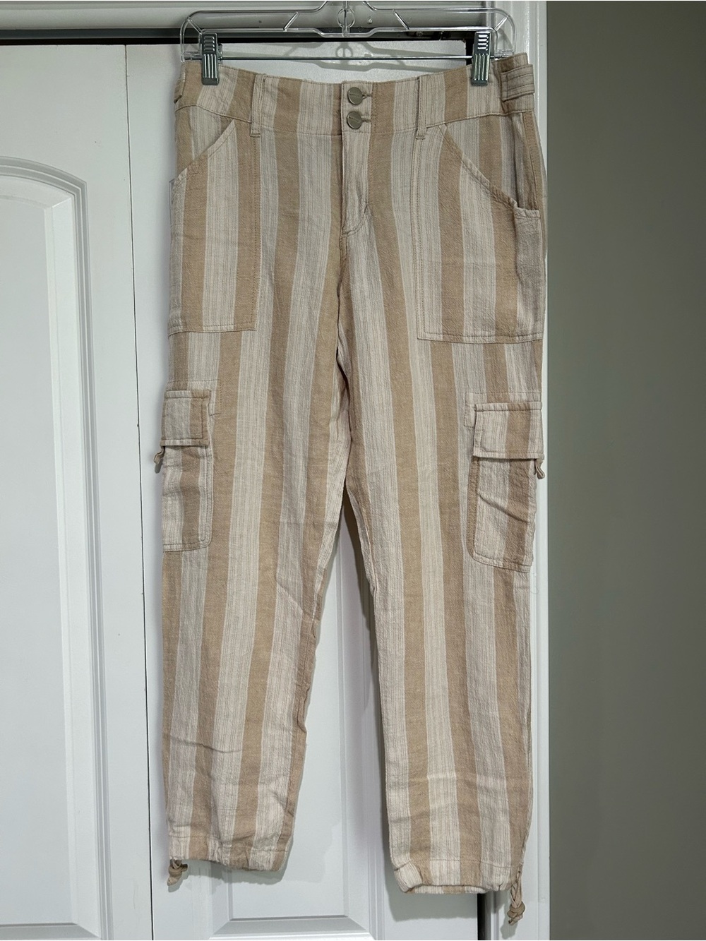 Anthropologie Beige and Cream Striped Cargo Capris with Drawstring Hems